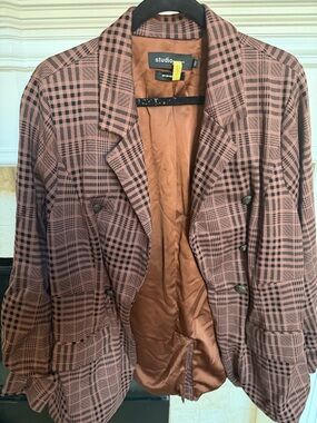 Studio by Torrid Plaid Brown and Black Open Blazer Ruching  sleeve SZ 2x